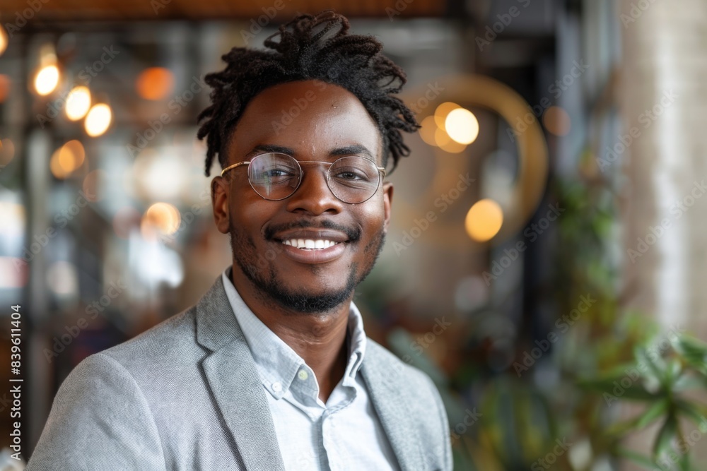 Fototapeta premium Man in spectacles smiling at eatery