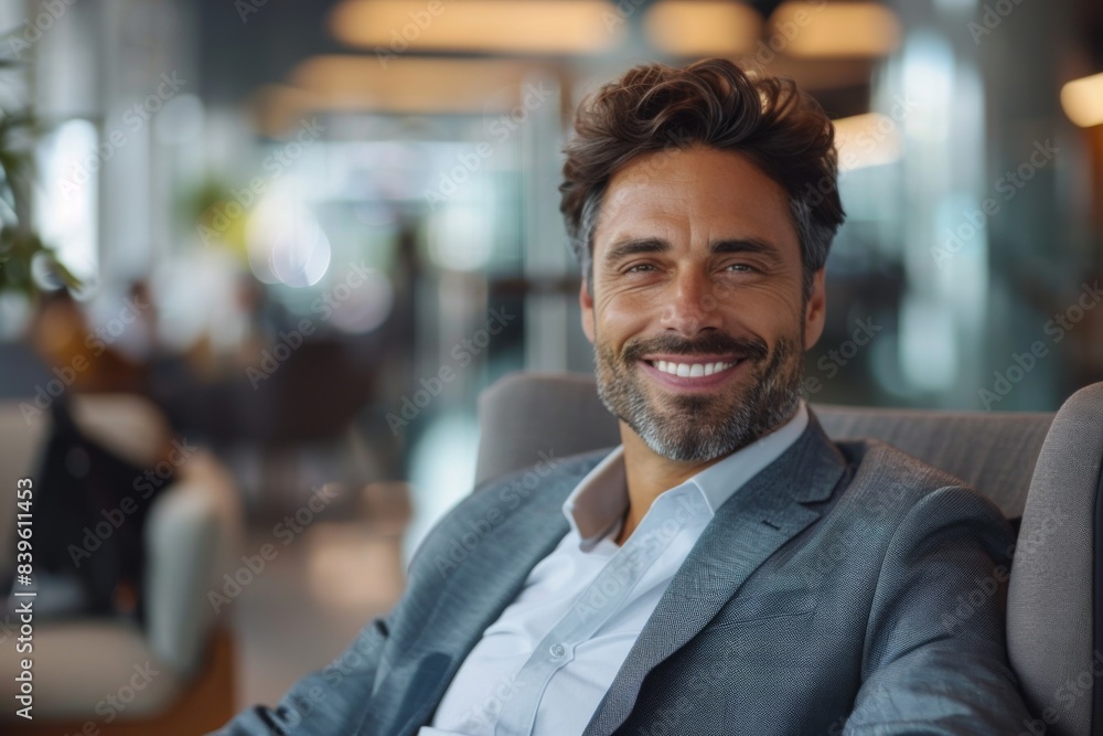 Man in business attire sits chair lobby smiling Man in business attire sits chair lobby smiling