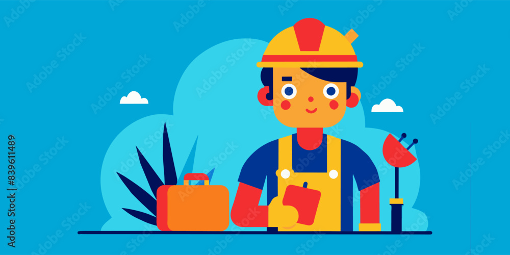 Smiling construction worker with a safety helmet and tool box ready for work, celebrating labor day with banner background with text space Smiling construction worker with a safety helmet and tool box ready for work, celebrating labor day with banner background with text space