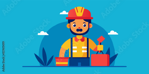 Construction worker with hard hat and tools, holding a banner for labor day, symbolizing dedication and strength against a blue background. Backdrop with text space