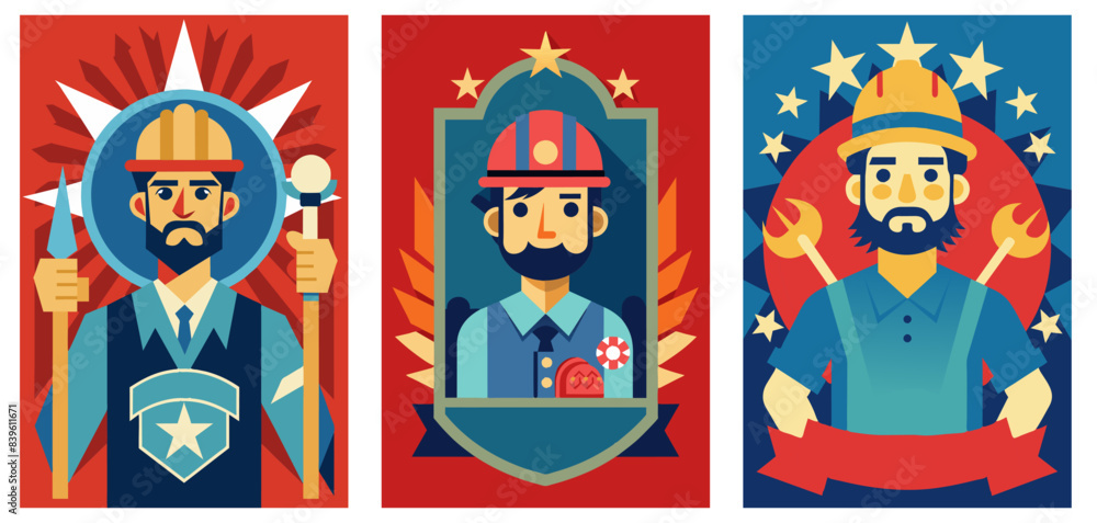 Fototapeta premium Vibrant set of three posters celebrating labor day with stylized illustrations of a worker, builder, and employee in patriotic colors, perfect for honoring the spirit of hard work and dedication