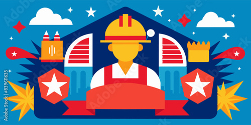 Colorful vector illustration of a worker in hard hat surrounded by tools and a banner, symbolizing the celebration of labor day and the appreciation of employees in the labor force