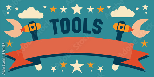 Vibrant vector illustration celebrating labor day, featuring cartoon tools, stars, and a bold banner, ideal for recognizing the contributions of workers and the spirit of the holiday