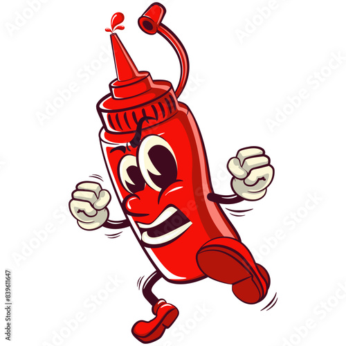 vector vintage illustration of cute ketchup bottle mascot character enthusiastically jumping and kicking, work of hand drawn