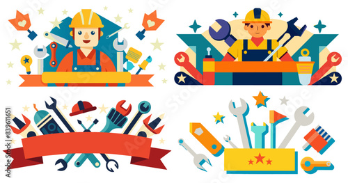 Illustrative banner set featuring a construction worker with tools, designed for labor day promotions, perfect for celebrating the contributions of employees and builders in the workforce