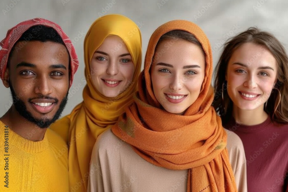 Three women and one man in headscarves and scarves Three women and one man in headscarves and scarves