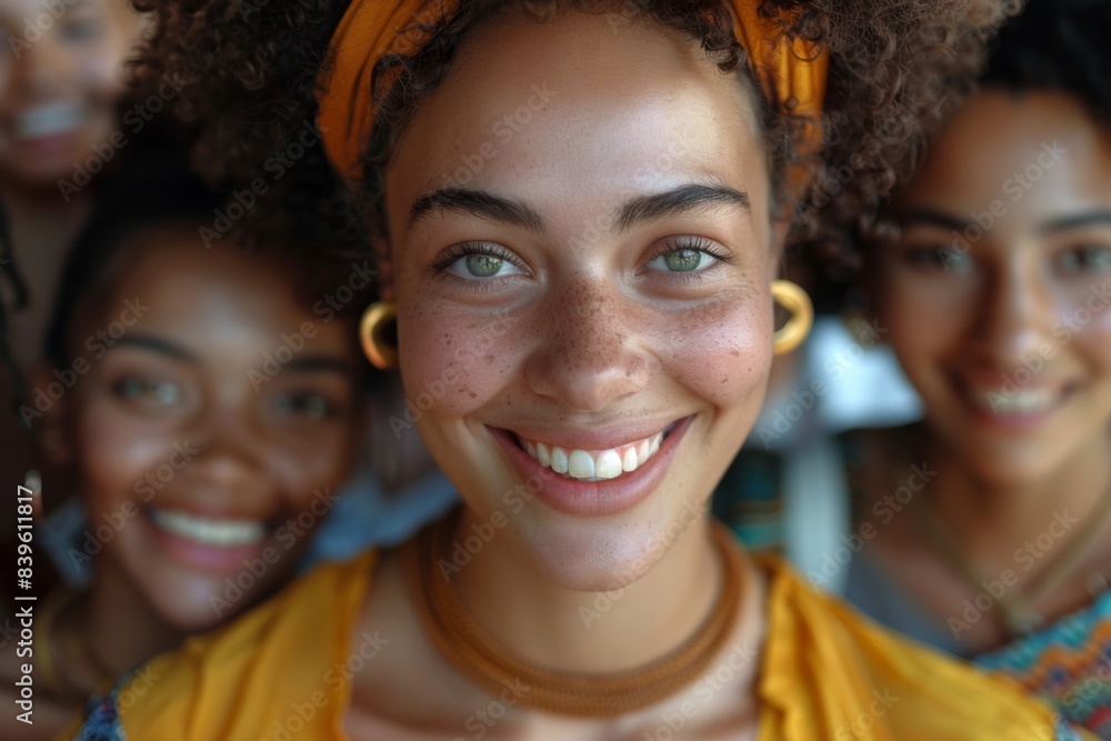 Group of diverse women with woman in yellow headscarf smiling Group of diverse women with woman in yellow headscarf smiling