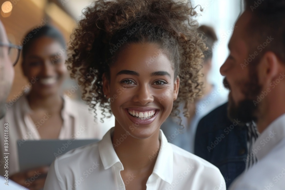 Curly-haired woman in glasses smiles while conversing with group Curly-haired woman in glasses smiles while conversing with group