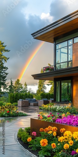 A modern countryside house with terrace  surrounded by lush lawn and garden with flowers  under a blue sky with rainbow.