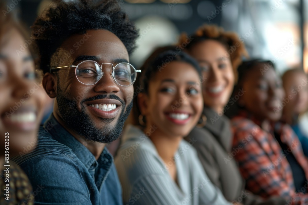 Smiling black man, glasses, beard, sitting in front of group Smiling black man, glasses, beard, sitting in front of group