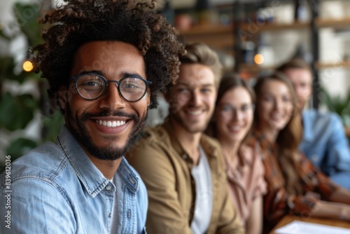 Man in glasses and beard smiles in front of audience