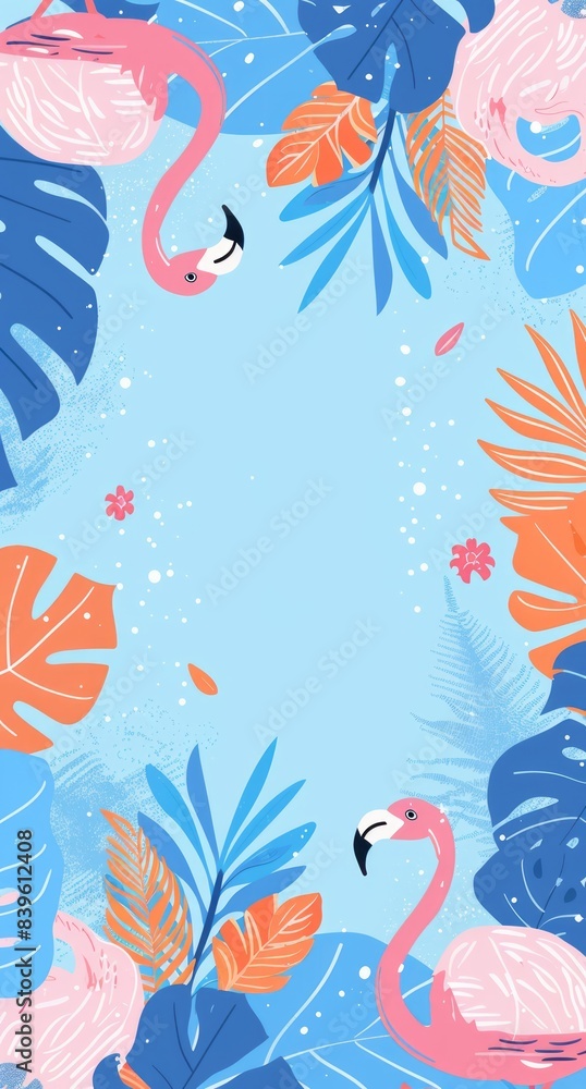 Naklejka premium A flat design background with blue, pink and orange tones, featuring cartoon style illustrations of flamingos and tropical leaves