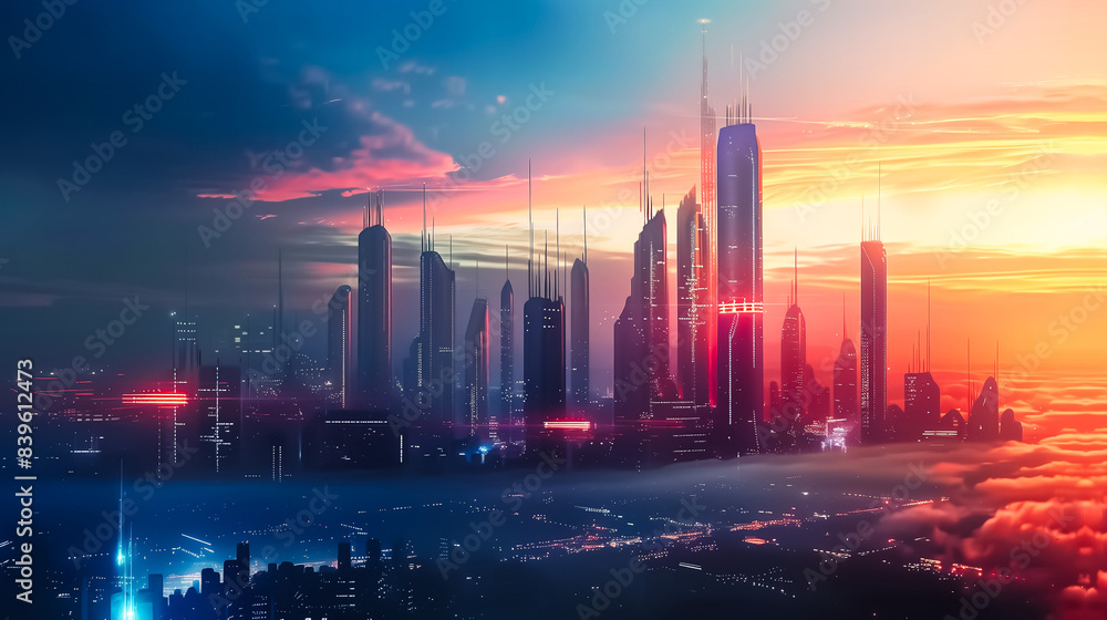 Futuristic Cityscape with Digital Grid and Neon Lights at Dusk. Connected Smart City, Cyber Megapolis, Skyscrapers Silhouette, Vibrant Sky. Business, Technology, AI Infrastructure, Urban Development Futuristic Cityscape with Digital Grid and Neon Lights at Dusk. Connected Smart City, Cyber Megapolis, Skyscrapers Silhouette, Vibrant Sky. Business, Technology, AI Infrastructure, Urban Development