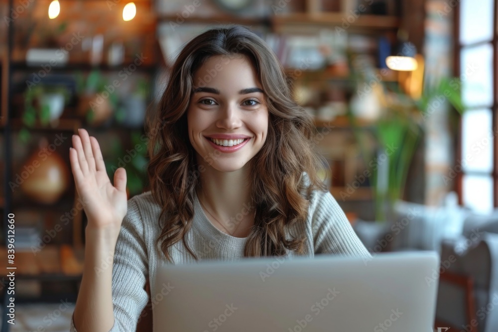 Female smiling, sitting, laptop, waving Female smiling, sitting, laptop, waving