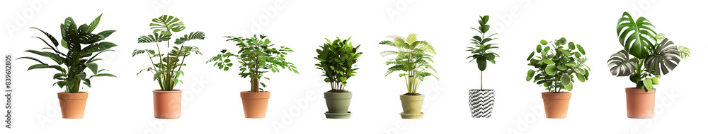 Obraz premium ollection of Lush Green Indoor Houseplants in Terracotta Pots Isolated on PNG Cutout