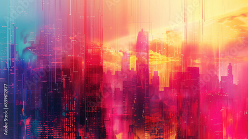 abstract colorful city background, digital glitch art, generative ai