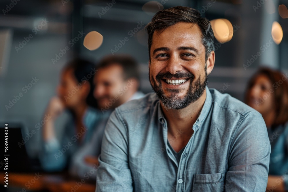 Fototapeta premium Man grinning amid audience indoors