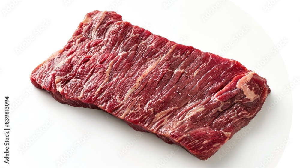 Obraz premium Succulent Marbled Flank Steak - Realistic High Detail Photography of Juicy and Tender Beef Cut on White Background