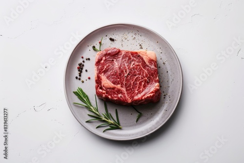 Succulent Raw Steak with Intricate Marbling on Clean White Background - High Detail Realism Photography of Rich and Flavorful Meat