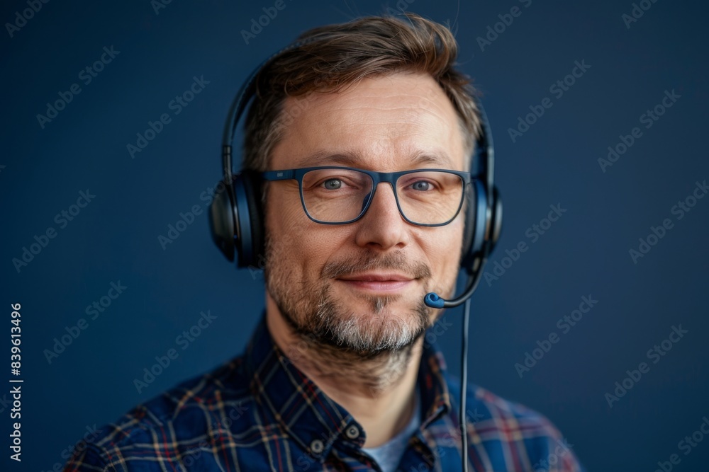 Man in plaid shirt with headphones Man in plaid shirt with headphones