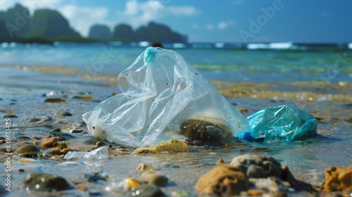 Scenic beach marred by plastic bag litter, underscoring the problem of ocean pollution