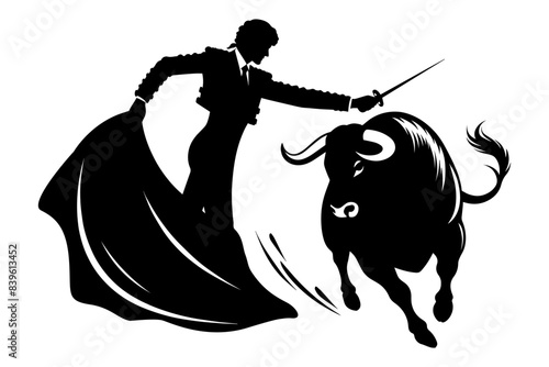 Silhouette of a bullfighter and bull in action. vector illustration