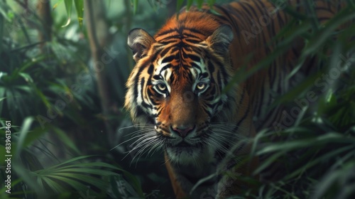 A majestic tiger prowling through the jungle, exuding power and grace, with piercing eyes focused on its prey © Plaifah