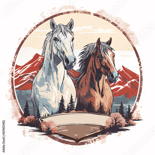 Vintage retro wild horse in nature vector illustration for t-shirt design, banner, poster, sticker
