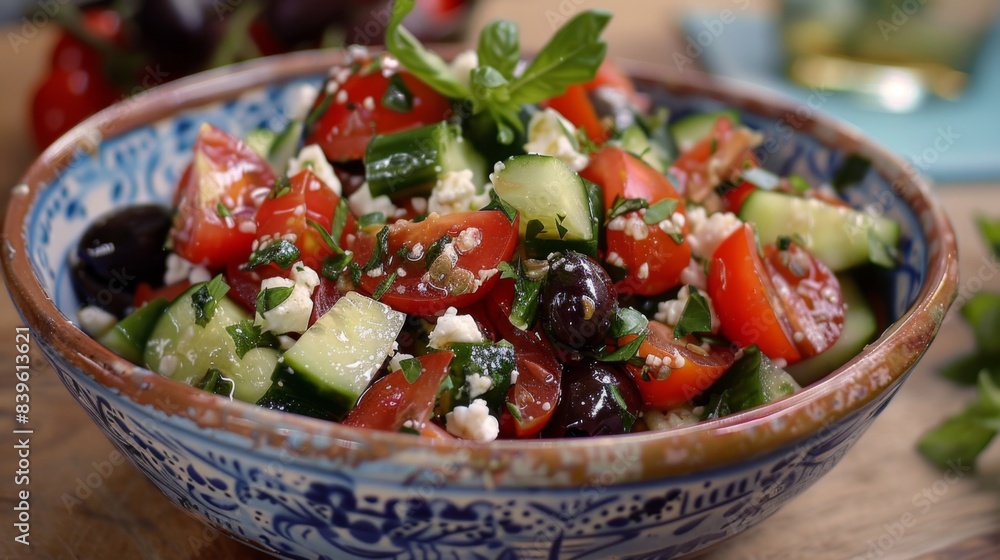 A Mediterranean-inspired salad with tomatoes, cucumbers, olives, and feta cheese, bursting with flavor and freshness A Mediterranean-inspired salad with tomatoes, cucumbers, olives, and feta cheese, bursting with flavor and freshness