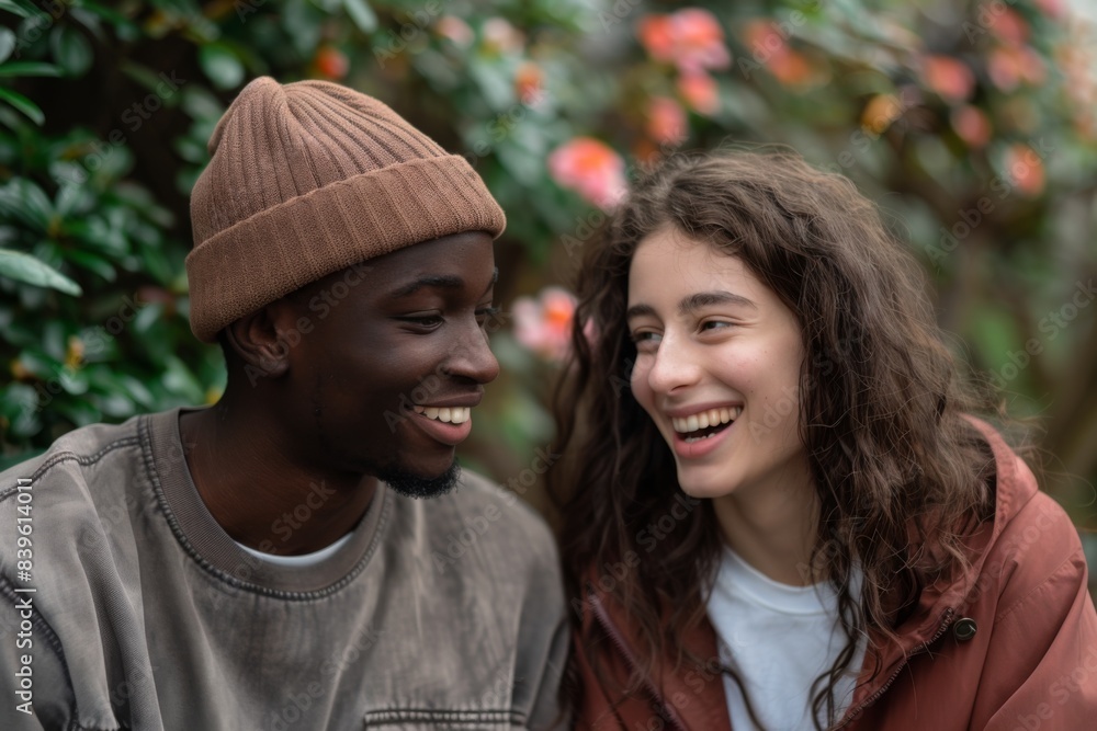 Man woman smile bush sit Man woman smile bush sit