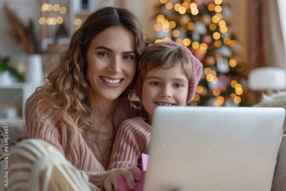 Woman child couch laptop Woman child couch laptop