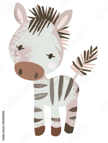 Charming zebra illustration. Cute zebra with playful expression on white background. Design template for nursery decor and children s art.