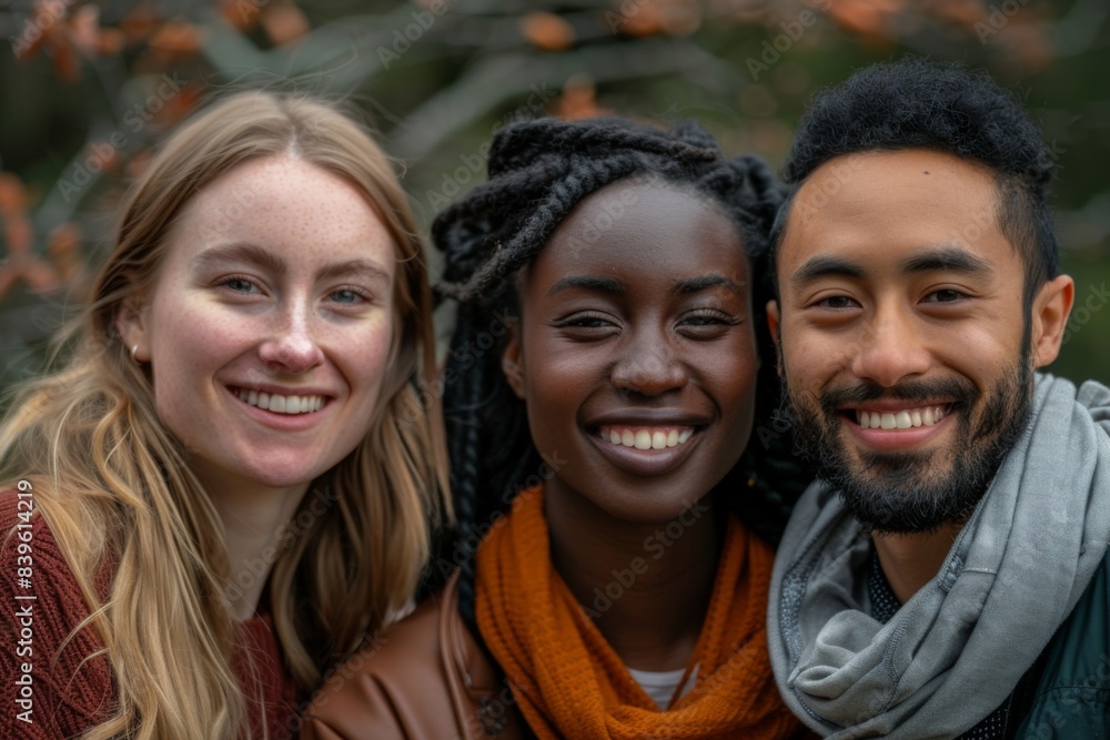 Three individuals smiling for the camera Three individuals smiling for the camera