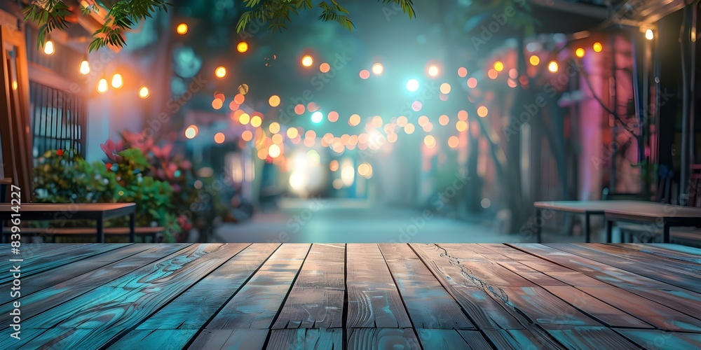 Ambiance of a Nighttime Restaurant with Blurred Background and Empty Wooden Table - Vibrant Image. Concept Nighttime Restaurant, Blurred Background, Empty Wooden Table, Vibrant Image, Ambiance Ambiance of a Nighttime Restaurant with Blurred Background and Empty Wooden Table - Vibrant Image. Concept Nighttime Restaurant, Blurred Background, Empty Wooden Table, Vibrant Image, Ambiance