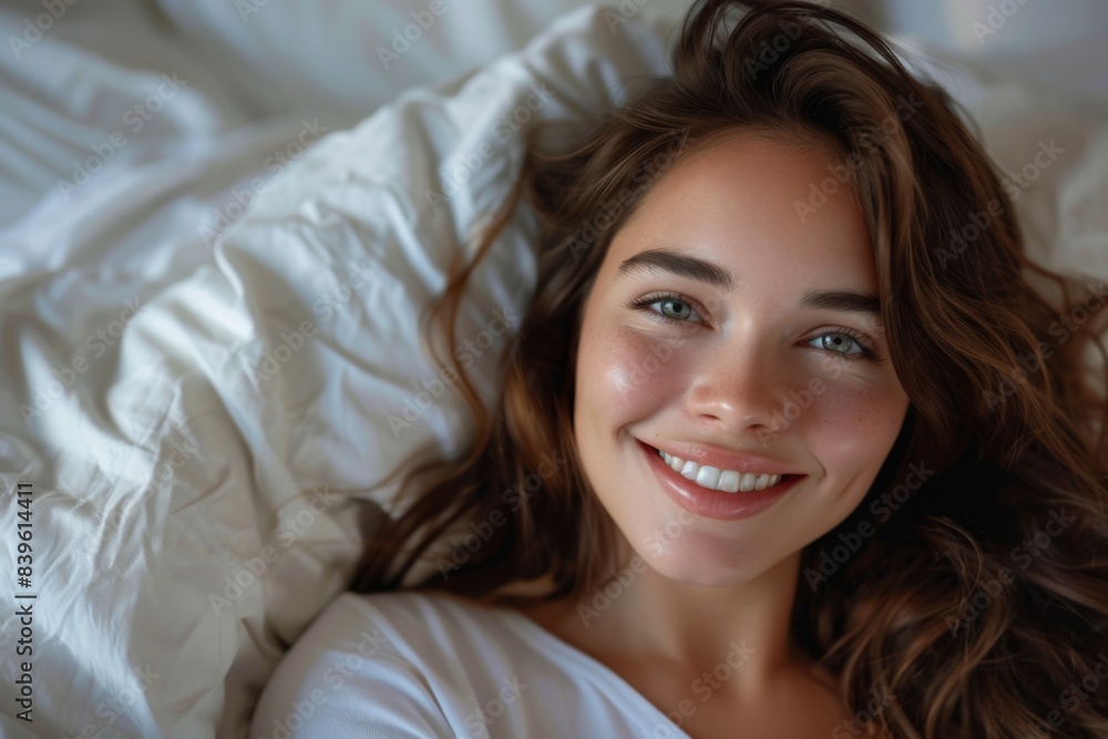 Happy woman on bed with white sheets Happy woman on bed with white sheets