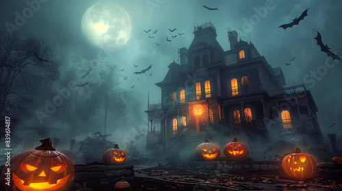 On a foggy night, a haunted Victorian mansion looms with glowing jack-o'-lanterns, eerie window silhouettes, and bats flying in the moonlit sky.