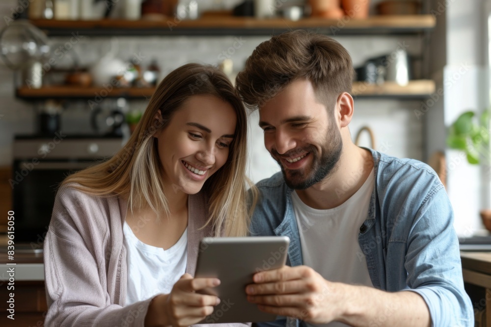 Two people viewing tablet in kitchen Two people viewing tablet in kitchen