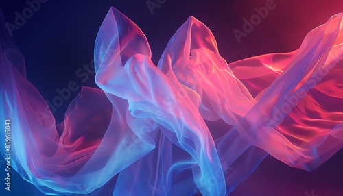 Abstract body, glowing translucent fabric, soft pink and blue lighting, dynamic pose, ethereal and artistic