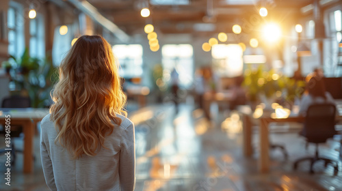 Rear view of woman in office, blurred background. First day of work in new company or office. New staff, new employee. Copy space.