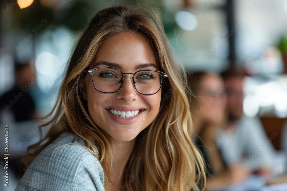 Happy female wearing spectacles smiling in eatery Happy female wearing spectacles smiling in eatery