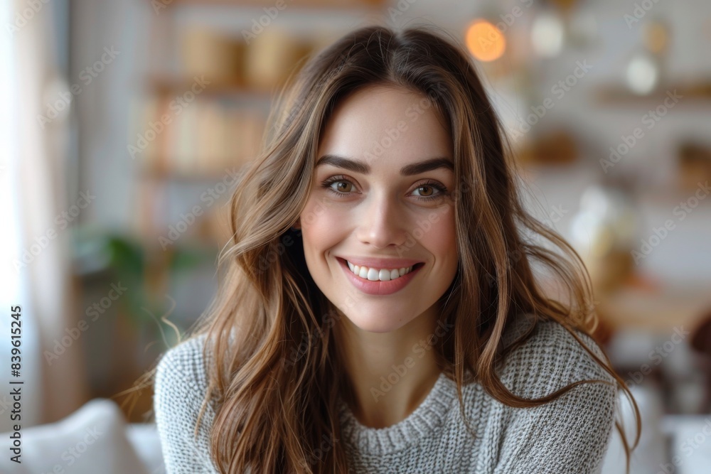 Happy woman in gray sweater and long hair Happy woman in gray sweater and long hair