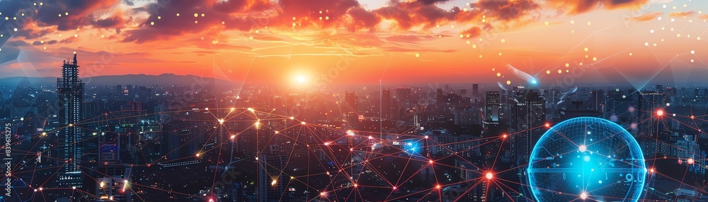 Global digital network overlay on cityscape at sunset, futuristic elements Global digital network overlay on cityscape at sunset, futuristic elements