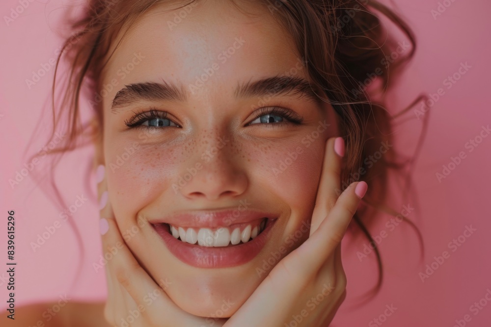 Woman smiling hands face pink wall Woman smiling hands face pink wall