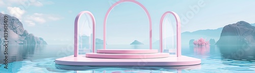 Minimalist pink podium with arched glass frames, serene lake background, soft blue hues, front view, soft lighting 3d render illustration