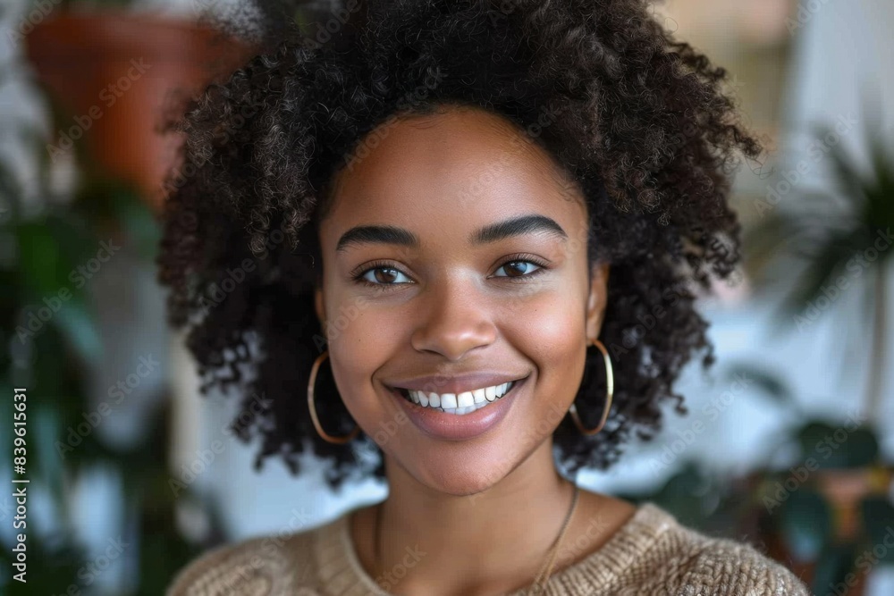 Room with smiling afro-haired woman and hoop earrings Room with smiling afro-haired woman and hoop earrings