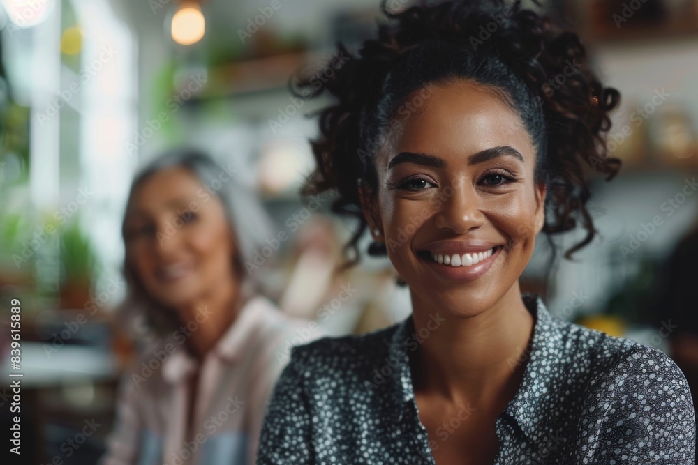 Curly-haired woman smiling Curly-haired woman smiling