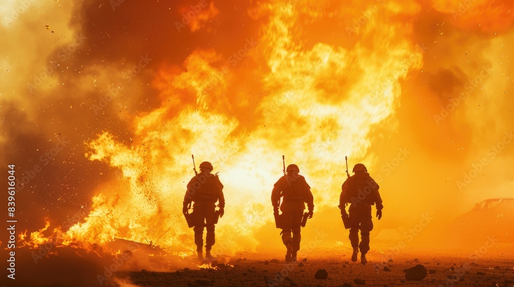 Silhouette of soldiers walking away from camera, war scene with smoke and fire in background Silhouette of soldiers walking away from camera, war scene with smoke and fire in background
