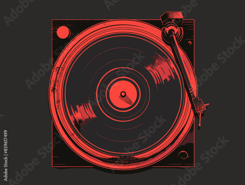 Vinyl record player with red vinyl disc. Vector illustration on dark background.