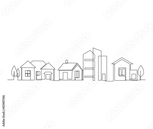 Continuous line drawing of Modern green eco modest house cityscape. Metropolis architecture panoramic landscape, Apartment buildings isolated minimalistic vector illustration. 