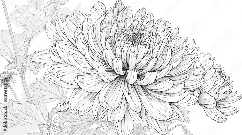 Fototapeta premium Black and white sketch of Chrysanthemum. Line drawing coloring book